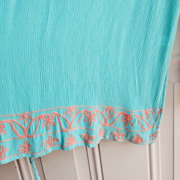 🦃 Aqua Blue Peach Embroidered VNeck Tunic Boho Hippie Blouse Top Size Medium - Picture 6 of 11